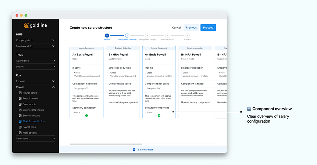 Salary component selection, concept design