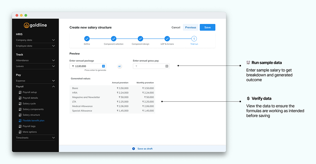 Verify salary structure setup, concept design